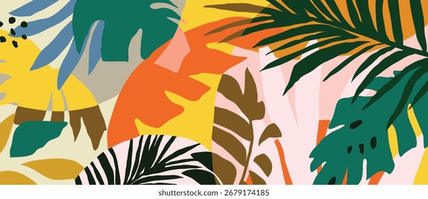 Abstractas Vector de fondo de plantas tropicales. Follaje boho colorido, hojas tropicales botánicas y patrón floral. Ilustración para el Anuncio de la venta del verano, arte de la pared, impresiones y telas.