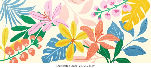 Abstrakter Vektor auf tropischem Pflanzenhintergrund. Farbenfrohe Boho Laub botanische tropische Blätter und Blumenmuster. Illustration für Sommerbanner , Wandkunst, Drucke und Stoffe.
