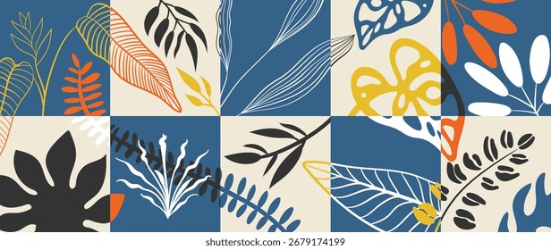 Abstractas Vector de fondo de plantas tropicales. Follaje boho colorido, hojas tropicales botánicas y patrón floral. Ilustración para el Anuncio de la venta del verano, arte de la pared, impresiones y telas.