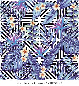 Abstract tropical plants and flowers seamless vector pattern blue style geometric black white background