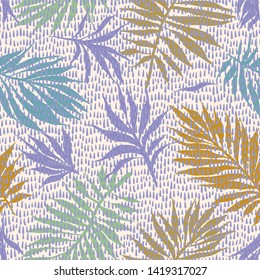 Abstract tropical plants pattern. Hand drawn fantasy exotic sprigs with weaving texture. Seamless floral illustration made of herbal foliage leaves with short lines background.