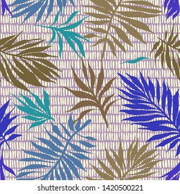 Abstract tropical plants pattern. Hand drawn fantasy exotic sprigs with weaving texture. Seamless floral illustration made of herbal foliage leaves with short lines background.