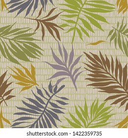 Abstract tropical plants pattern. Hand drawn fantasy exotic sprigs with weaving texture. Seamless floral illustration made of herbal foliage leaves with short lines background.