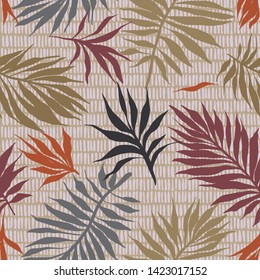 Abstract tropical plants pattern. Hand drawn fantasy exotic sprigs with weaving texture. Seamless floral illustration made of herbal foliage leaves with short lines background.