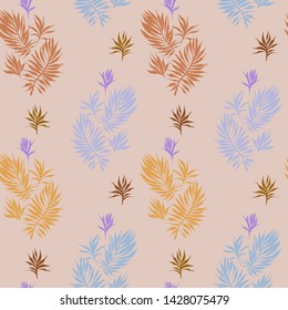 Abstract tropical plants pattern. Hand drawn fantasy exotic sprigs. Seamless floral background made of herbal foliage leaves for fashion design, textile, fabric and wallpaper.