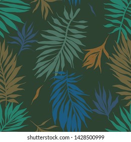 Abstract tropical plants pattern. Hand drawn fantasy exotic sprigs. Seamless floral background made of herbal foliage leaves for fashion design, textile, fabric and wallpaper.