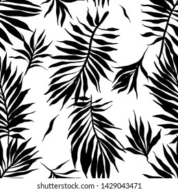 Abstract tropical plants pattern. Hand drawn fantasy exotic sprigs. Seamless floral background made of herbal foliage leaves for fashion design, textile, fabric and wallpaper.