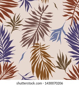 Abstract tropical plants pattern. Hand drawn fantasy exotic sprigs. Seamless floral background made of herbal foliage leaves for fashion design, textile, fabric and wallpaper.