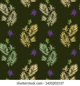 Abstract tropical plants pattern. Hand drawn fantasy exotic sprigs. Seamless floral background made of herbal foliage leaves for fashion design, textile, fabric and wallpaper.