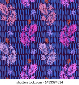 Abstract tropical plants pattern. Hand drawn fantasy exotic sprigs with weaving texture. Seamless floral illustration made of herbal foliage leaves with short lines background.