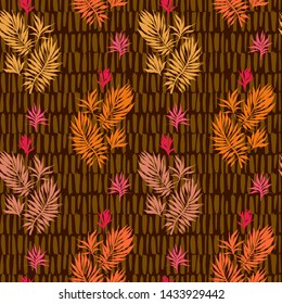 Abstract tropical plants pattern. Hand drawn fantasy exotic sprigs with weaving texture. Seamless floral illustration made of herbal foliage leaves with dashed background. 