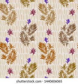 Abstract tropical plants pattern. Hand drawn fantasy exotic sprigs with weaving texture. Seamless floral illustration made of herbal foliage leaves with dashed background.