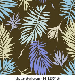 Abstract tropical plants pattern. Hand drawn fantasy exotic sprigs. Seamless floral background made of herbal foliage leaves for fashion design, textile, fabric and wallpaper.