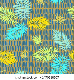 Abstract tropical plants pattern. Hand drawn fantasy exotic sprigs with weaving texture. Seamless floral illustration made of herbal foliage leaves with dashed background.