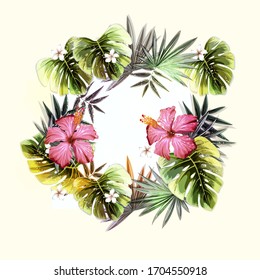 Patrón abstracto de plantas tropicales. hibisco rosa con hojas tropicales.