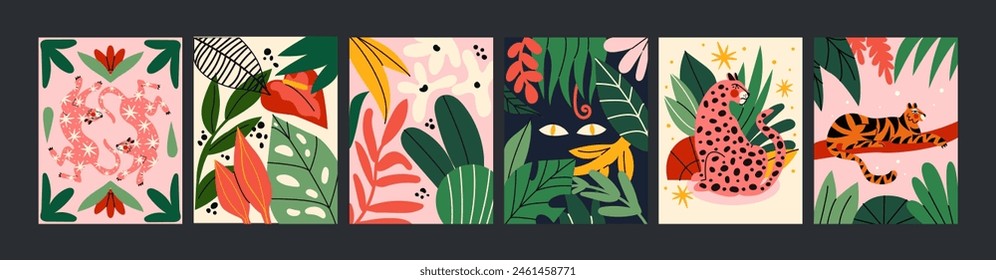 Abstract tropical posters with tigers and leaves in a 90s retro cartoon style. Asian and Chinese motifs, floral pattern with tigers and leorards.