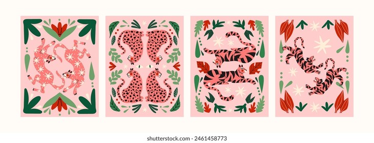 Abstract tropical posters with tigers and leaves in a 90s retro cartoon style. Asian and Chinese motifs, floral pattern with tigers and leorards.