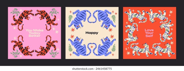 Abstract tropical posters with tigers and leaves in a 90s retro cartoon style. Asian and Chinese motifs, floral pattern with tigers and leorards.