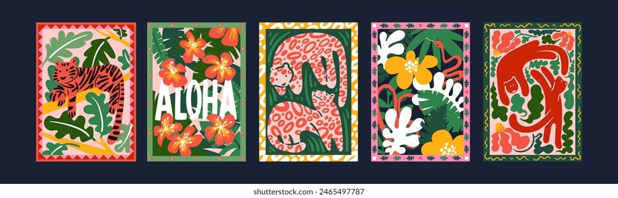 Abstractas afiches tropicales con tigres y hojas en un estilo de dibujos animados retro de los años 90. motivos asiáticos y chinos, motivos florales con tigres y leopardos.