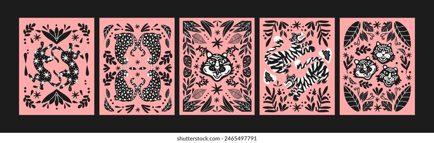 Abstract tropical posters with tigers and leaves in a 90s retro cartoon style. Asian and Chinese motifs, floral pattern with tigers and leorards.