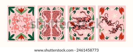 Abstract tropical posters with tigers and leaves in a 90s retro cartoon style. Asian and Chinese motifs, floral pattern with tigers and leorards.