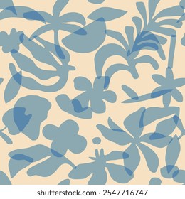 Rísógrafo tropical abstrato, impressão de tela retro minimalista, desenho à mão padrão sem costura, formas azuis com fundo creme