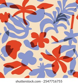 Abstract tropical risograph, minimalist retro screen print, hand drawn seamless pattern, orange and blue with cream background