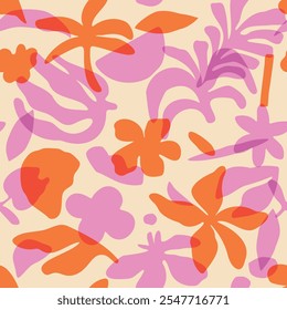 Abstract tropical risograph, minimalist retro screen print, hand drawn seamless pattern, orange and pink with cream background