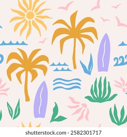 Abstract tropical seamless colorfull pattern with palm leaves, surfboard and sun. Hand drawn minimal art background. Surface cover design. Fabric textile print.