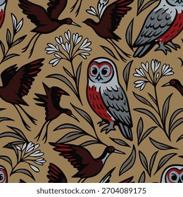Abstractas patrón tropical sin fisuras. Lirio africano, búho gris, jacanas y plantas tropicales. Diseño exótico moderno para papel y tela. Ilustración vectorial.