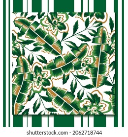 abstract tropical seamless pattern banana leaves with green flowers and white color combination on bright background. Jungle print. decorative Floral background . summer design