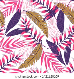 Abstract tropical seamless pattern with bright leaves and plants on white background. Vector design. Jungle print. Floral background. Printing and textiles.