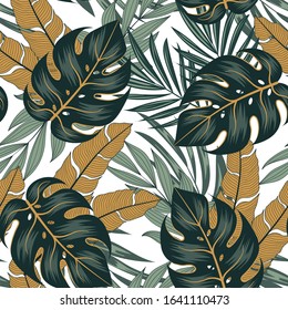 Abstract tropical seamless pattern with bright green and yellow plants and leaves on a light background. Beautiful exotic plants.Seamless pattern with colorful leaves and plants.  