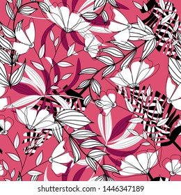Abstract tropical seamless pattern with colorful leaves and bright plants on pink background. Vector design. Jungle print. Floral background. Printing and textiles. Exotic tropics. Fresh design.