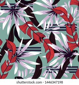 Abstract tropical seamless pattern with colorful leaves and bright plants on pastel background. Vector design. Jungle print. Floral background. Printing and textiles. Exotic tropics. Fresh design.