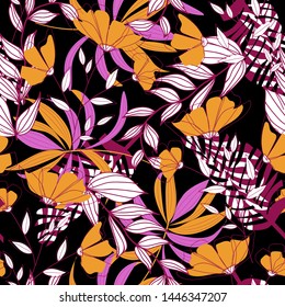 Patrón abstracto tropical sin fisuras con hojas coloridas y plantas brillantes sobre fondo negro. Diseño de vectores. Impresión de selva. Fondo floral. Impresión y textiles. Tropos exóticos. Diseño fresco.