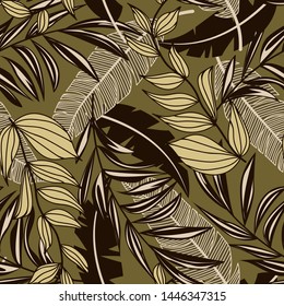 Abstract tropical seamless pattern with colorful leaves and bright plants on brown background. Vector design. Jungle print. Floral background. Printing and textiles. Exotic tropics. Fresh design.