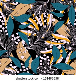 Abstract tropical seamless pattern with colorful leaves and plants and beautiful background. Summer colorful hawaiian seamless pattern with tropical plants. Hawaiian style. Exotic jungle wallpaper.