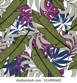 Abstract tropical seamless pattern with colorful leaves and plants and beautiful background. Summer colorful hawaiian seamless pattern with tropical plants. Hawaiian style. Exotic jungle wallpaper.