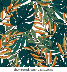 Abstract tropical seamless pattern with colorful exotic flowers and plants in vivid color on delicate background. Beautiful exotic plants. Exotic wallpaper. Hawaiian style.