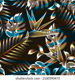 patrón tropical abstracto sin costuras con plantas coloridas hojas sobre fondo oscuro. Dibujo de contorno. Estilo de esbozo. Diseño de moda para su textil y tejido, envoltura, cualquier superficie. Diseño de verano