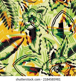abstract tropical seamless pattern with green plants and foliage on grunge background. line art. outline design. nature wallpaper. tropical background. Floral background. botanical pattern. summer