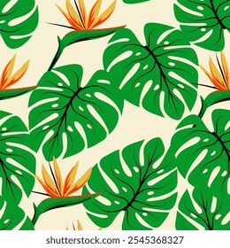 Abstractas patrón tropical sin fisuras con hojas de monstera verde y flores tropicales sobre un fondo claro. Fondo de verano con hojas exóticas. Modelo floral del Vector de las hojas de la selva.