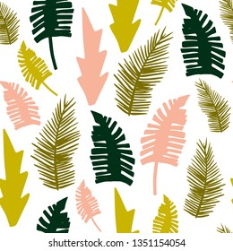 Abstract tropical seamless pattern. Hand drawn colorful background. Vector illustration with palm leaves