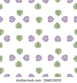 Abstract tropical seamless pattern with monstera leaves isolated on white background. Botanical foliage plants wallpaper. Exotic hawaiian backdrop. Design for fabric, textile print, wrapping, cover.