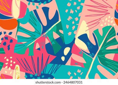 Patrón tropical Abstractas sin costuras con hojas de Monstera, flores de anturio y Elementos abstractos. Patrón colorido exótico moderno. Plantilla de moda para el diseño. Ilustración vectorial.