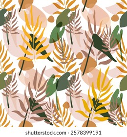 Abstract tropical seamless pattern on a white background. Exotic leaves and abstract shapes. Shades of green, chocolate, brown, orange and yellow.