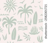 Abstract tropical seamless pattern with palm leaves, surfboard and sun. Hand drawn minimal art background. Fabric textile print. Surface cover design.
