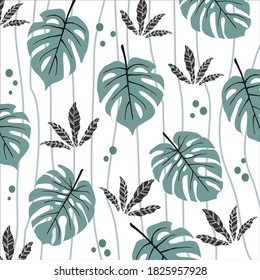Abstract tropical seamless pattern with palm leaves on white background, modern design, monstera vector pattern