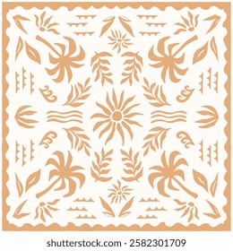 Abstract tropical seamless pattern with palm, leaves, wave and sun. Hand drawn minimal patchwork background. Surface cover design. Fabric textile print bandanas.
